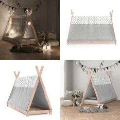 Tipi-Bett "Tipi" Naturholz 90x200 Cm Mit Überwurf Vitalispa -Möbel Store m2745 bu 08 ol