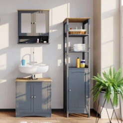 Badmöbel Set "Bianco" Grau 3 Teile, Mit Hochschrank Vicco -Möbel Store m3024 04 ol