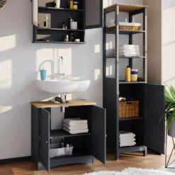 Badmöbel Set "Bianco" Grau 3 Teile, Mit Hochschrank Vicco -Möbel Store m3024 05 ol