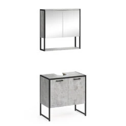 Badmöbel Set "Fyrk" Beton/Schwarz 2 Teile, Mit Spiegelschrank Vicco
