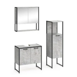 Badmöbel Set "Fyrk" Beton/Schwarz 3 Teile Vicco