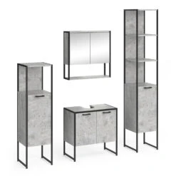 Badmöbel Set "Fyrk" Beton/Schwarz 4 Teile Vicco