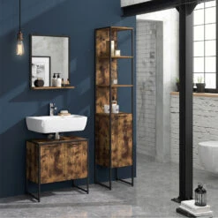 Badmöbel Set "Fyrk" Eiche Rustikal/Schwarz 3 Teile, Mit Hochschrank Vicco -Möbel Store m3168 04 ol