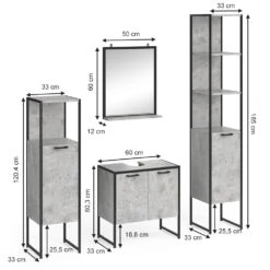 Badmöbel Set "Fyrk" Beton/Schwarz 4 Teile, Mit Hochschrank Vicco -Möbel Store m3171 03 ol