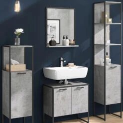 Badmöbel Set "Fyrk" Beton/Schwarz 4 Teile, Mit Hochschrank Vicco -Möbel Store m3171 05 ol
