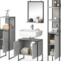 Badmöbel Set "Fyrk" Beton/Schwarz 4 Teile, Mit Hochschrank Vicco -Möbel Store m3171 06 ol