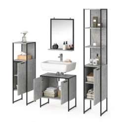 Badmöbel Set "Fyrk" Beton/Schwarz 4 Teile, Mit Hochschrank Vicco -Möbel Store m3171 07 ol