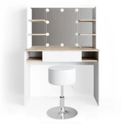 Schminktisch "Daenerys" Weiß/Sonoma 100 Cm Mit LED Beleuchtung Und Hocker Vicco