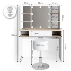 Schminktisch "Daenerys" Weiß/Sonoma 100 Cm Mit LED Beleuchtung Und Hocker Vicco -Möbel Store m3378 hw l 03 ol