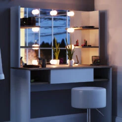 Schminktisch "Daenerys" Weiß/Sonoma 100 Cm Mit LED Beleuchtung Und Hocker Vicco -Möbel Store m3378 hw l 05 ol