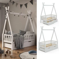 Tipi-Bett "Tipi" Weiß 70x140 Cm Mit Rausfallschutz Und Schubladen Vitalispa -Möbel Store m3384 2s 02 ol