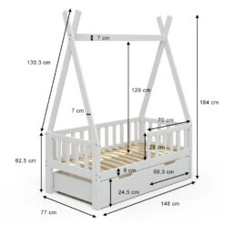 Tipi-Bett "Tipi" Weiß 70x140 Cm Mit Rausfallschutz Und Schubladen Vitalispa -Möbel Store m3384 2s 03 ol