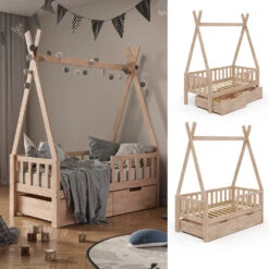 Tipi-Bett "Tipi" Naturholz 70x140 Cm Mit Rausfallschutz Und Schubladen Vitalispa -Möbel Store m3385 2s 02 ol