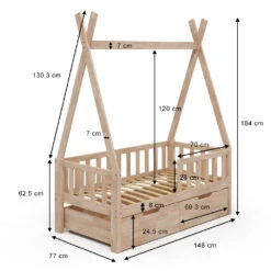 Tipi-Bett "Tipi" Naturholz 70x140 Cm Mit Rausfallschutz Und Schubladen Vitalispa -Möbel Store m3385 2s 03 ol