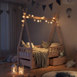 Tipi-Bett "Tipi" Naturholz 70x140 Cm Mit Rausfallschutz Und Schubladen Vitalispa -Möbel Store m3385 2s 06 ol