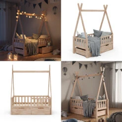 Tipi-Bett "Tipi" Naturholz 70x140 Cm Mit Rausfallschutz Und Schubladen Vitalispa -Möbel Store m3385 2s 08 ol