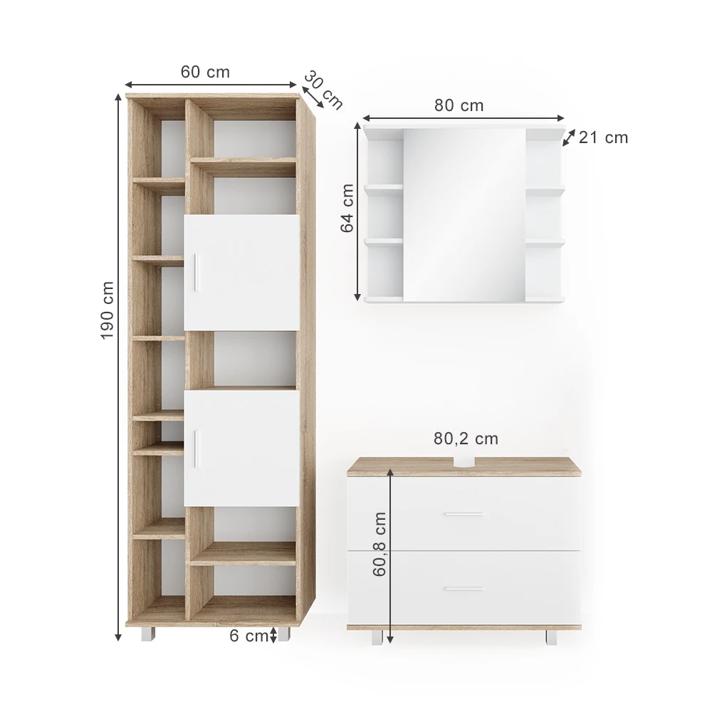 Badmöbel Set "Ilias" Sonoma/Weiß 3 Teile, Mit Unterschrank 80 Cm Vicco 5 Badmöbel Set "Ilias" Sonoma/Weiß 3 Teile, Mit Unterschrank 80 Cm Vicco – Bild 3