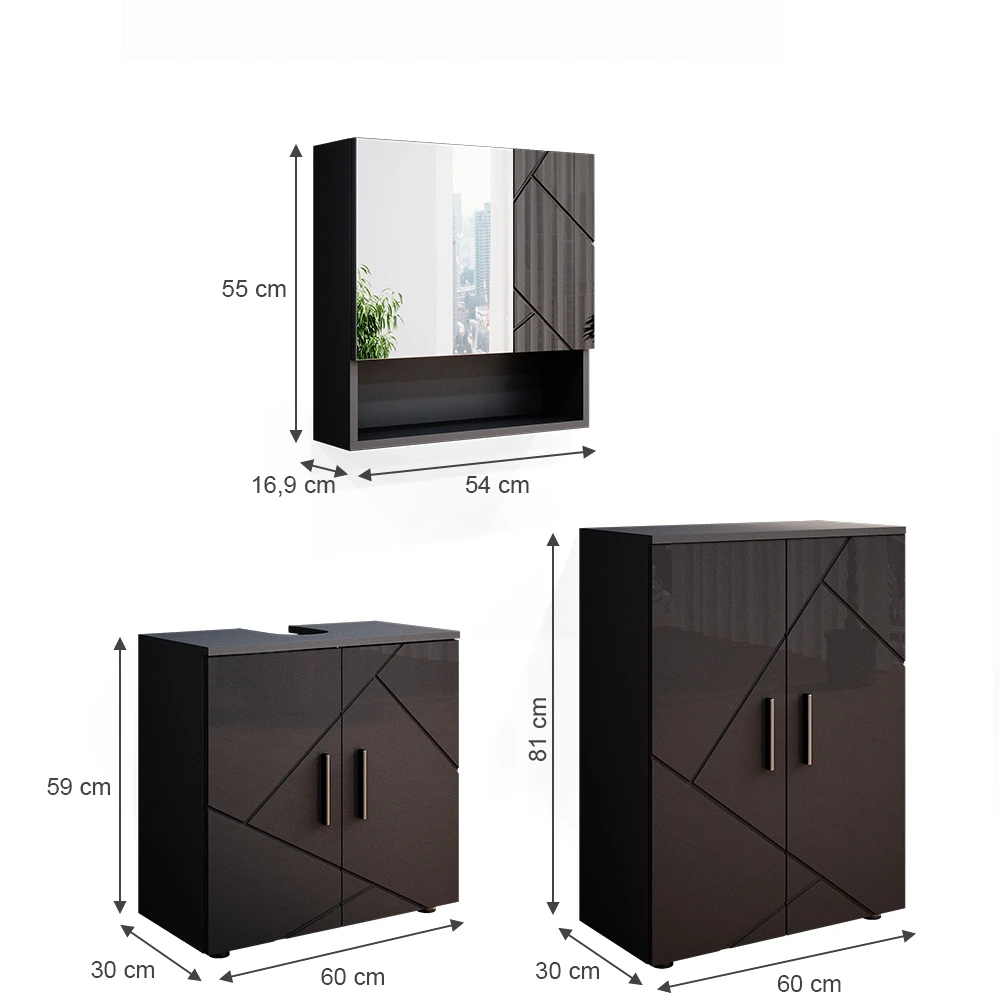 Badmöbel Set "Irma" Anthrazit Hochglanz 3 Teile, Mit Unterschrank 60 Cm Vicco 5 Badmöbel Set "Irma" Anthrazit Hochglanz 3 Teile, Mit Unterschrank 60 Cm Vicco – Bild 3