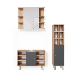 Badmöbel Set "Fynn" Goldkraft Eiche/Anthrazit 3 Teile, Mit Midischrank Tür Groß Vicco
