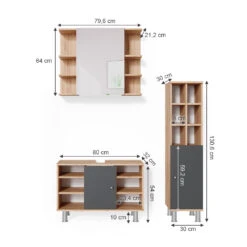 Badmöbel Set "Fynn" Goldkraft Eiche/Anthrazit 3 Teile, Mit Midischrank Tür Groß Vicco -Möbel Store m3554 03 ol