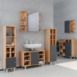 Badmöbel Set "Fynn" Goldkraft Eiche/Anthrazit 3 Teile, Mit Midischrank Tür Groß Vicco -Möbel Store m3554 04 ol