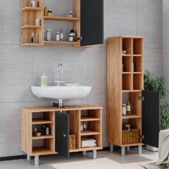 Badmöbel Set "Fynn" Goldkraft Eiche/Anthrazit 3 Teile, Mit Midischrank Tür Groß Vicco -Möbel Store m3554 05 ol