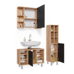 Badmöbel Set "Fynn" Goldkraft Eiche/Anthrazit 3 Teile, Mit Midischrank Tür Groß Vicco -Möbel Store m3554 07 ol