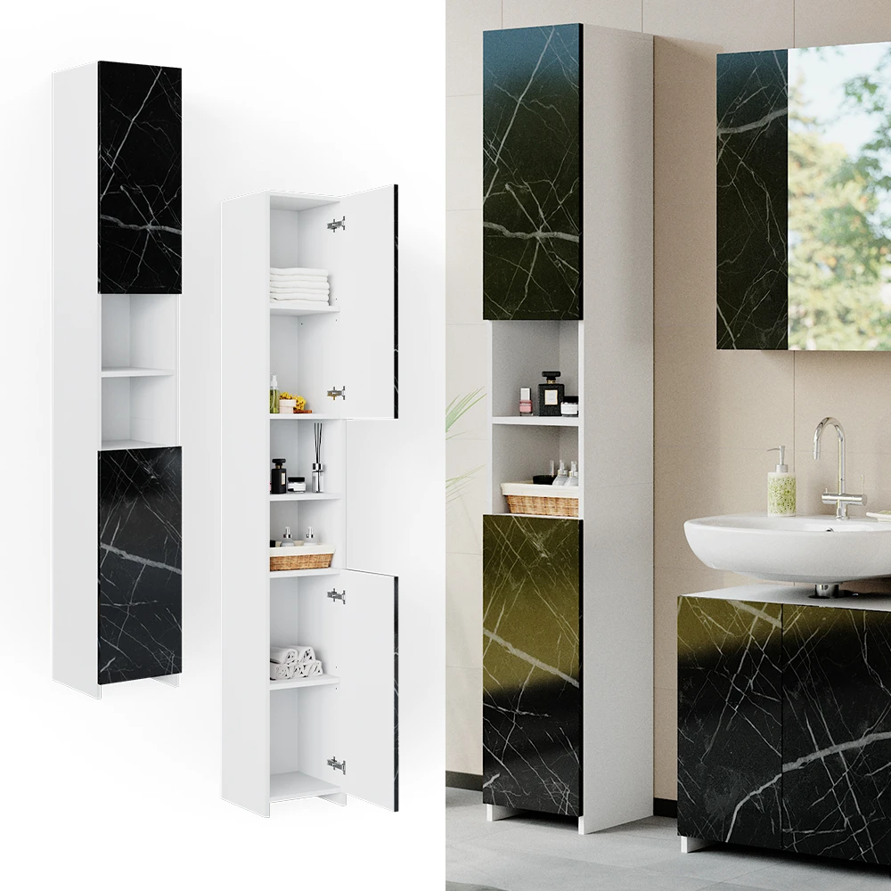 Badschrank "Nero" Marmor 30 X 195 Cm Mit Türen, Und Offenen Fächern Vicco 4 Badschrank "Nero" Marmor 30 X 195 Cm Mit Türen, Und Offenen Fächern Vicco – Bild 2
