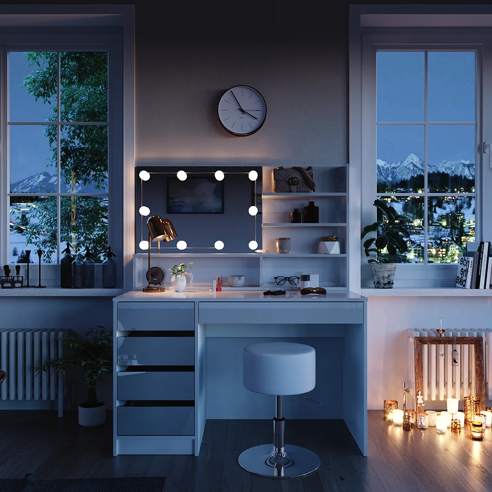 Schminktisch "Sherry" Weiß Hochglanz 120 Cm Mit LED Beleuchtung, Hocker Und Spiegelregal Vicco 6 Schminktisch "Sherry" Weiß Hochglanz 120 Cm Mit LED Beleuchtung, Hocker Und Spiegelregal Vicco – Bild 4