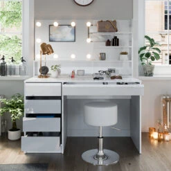 Schminktisch "Sherry" Weiß Hochglanz 120 Cm Mit LED Beleuchtung, Hocker Und Spiegelregal Vicco 15 Schminktisch "Sherry" Weiß Hochglanz 120 Cm Mit LED Beleuchtung, Hocker Und Spiegelregal Vicco -Möbel Store m3828 spr hw l 05 ol