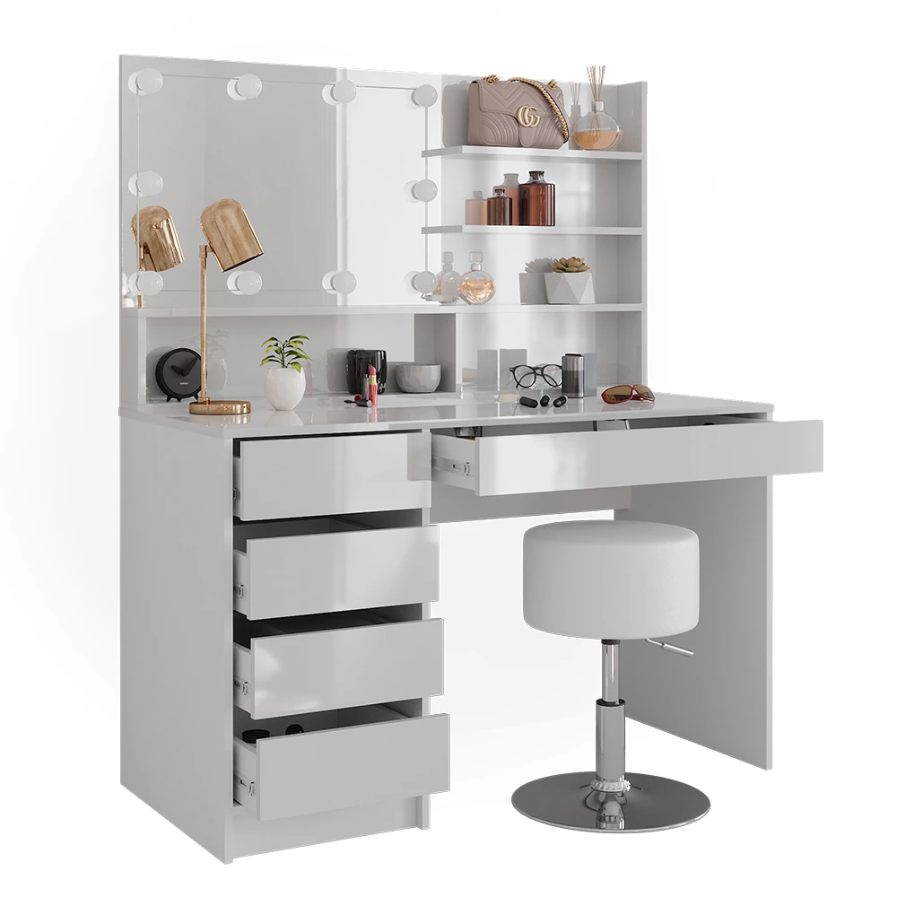 Schminktisch "Sherry" Weiß Hochglanz 120 Cm Mit LED Beleuchtung, Hocker Und Spiegelregal Vicco 9 Schminktisch "Sherry" Weiß Hochglanz 120 Cm Mit LED Beleuchtung, Hocker Und Spiegelregal Vicco – Bild 7