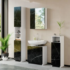 Badmöbel Set "Nero" Marmor/Weiß 4 Teile Vicco -Möbel Store m4003 04 ol