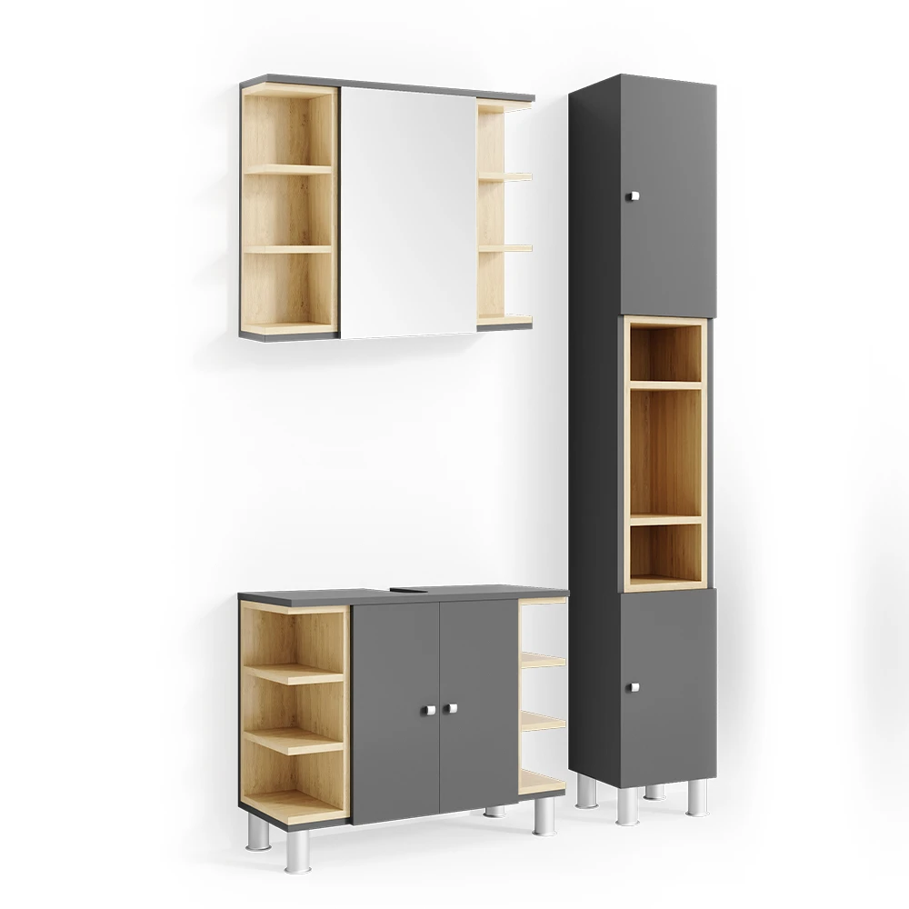 Badmöbel Set "Aquis" Anthrazit/Sonoma 3 Teile, Mit Hochschrank Vicco 3 Badmöbel Set "Aquis" Anthrazit/Sonoma 3 Teile, Mit Hochschrank Vicco