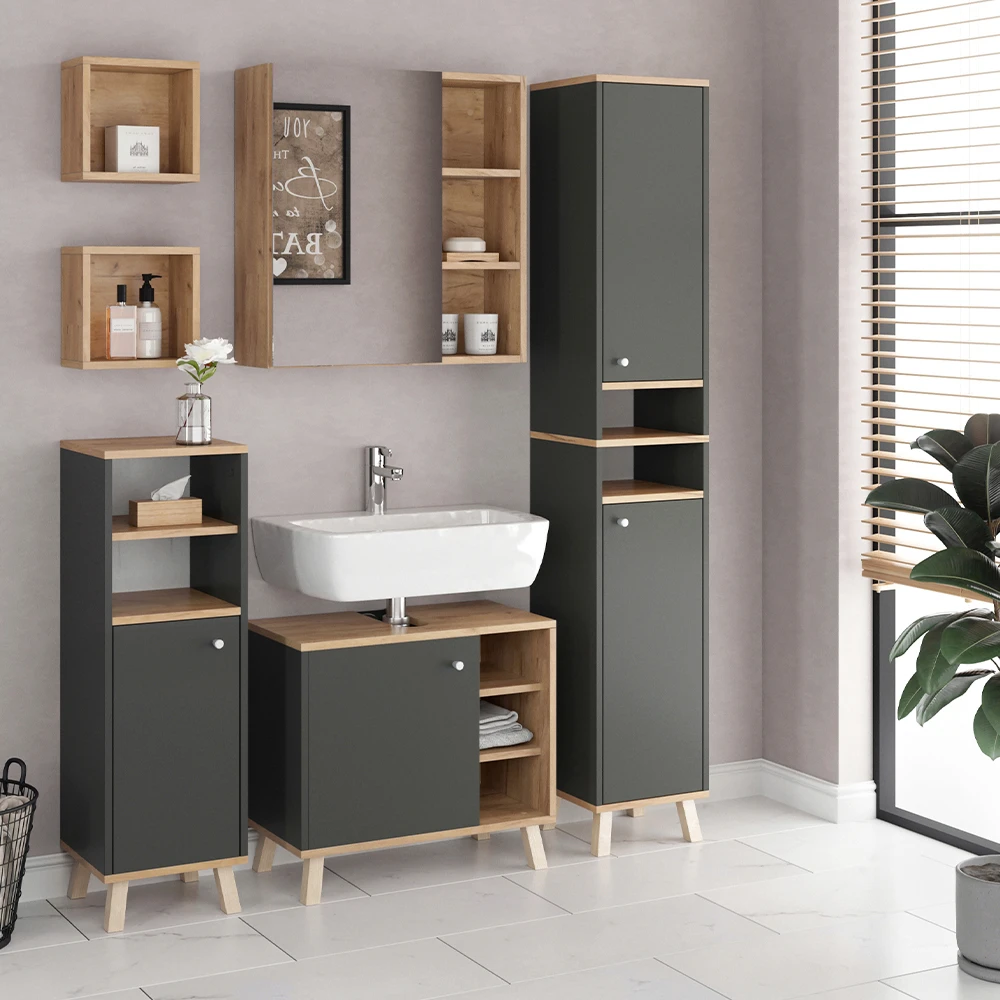 Bad Spiegelschrank "Senyo" Anthrazit/Goldkraft Eiche 62 X 64 Cm Vicco 6 Bad Spiegelschrank "Senyo" Anthrazit/Goldkraft Eiche 62 X 64 Cm Vicco – Bild 4