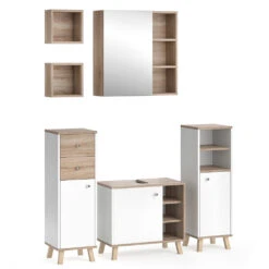 Badmöbel Set "Senyo" Weiß/Sonoma 5 Teile, Mit Regalen Vicco