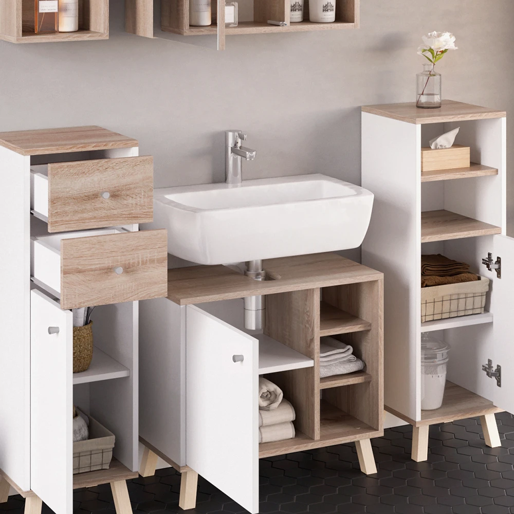 Badmöbel Set "Senyo" Weiß/Sonoma 5 Teile, Mit Regalen Vicco 7 Badmöbel Set "Senyo" Weiß/Sonoma 5 Teile, Mit Regalen Vicco – Bild 5