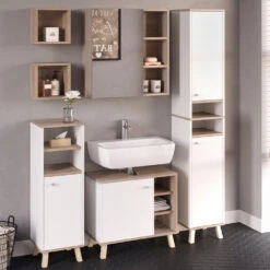 Badmöbel Set "Senyo" Weiß/Sonoma 5 Teile, Mit Hochschrank Vicco -Möbel Store m4181 04 ol