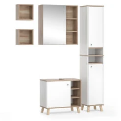 Badmöbel Set "Senyo" Weiß/Sonoma 4 Teile, Mit Hochschrank Vicco