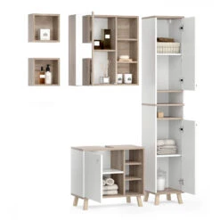 Badmöbel Set "Senyo" Weiß/Sonoma 4 Teile, Mit Hochschrank Vicco -Möbel Store m4185 07 ol