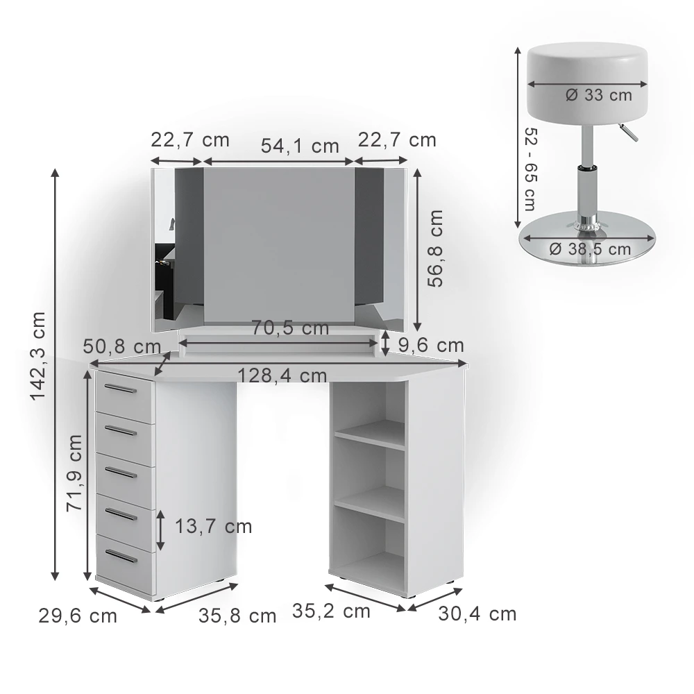 Eckschminktisch "Sofia" Weiß 128 Cm Mit Hocker Vicco 5 Eckschminktisch "Sofia" Weiß 128 Cm Mit Hocker Vicco – Bild 3