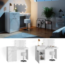 Schminktisch "Irma" Weiß 135 Cm Mit LED Beleuchtung Und Hocker Vicco -Möbel Store m4712 hw l 02 ol