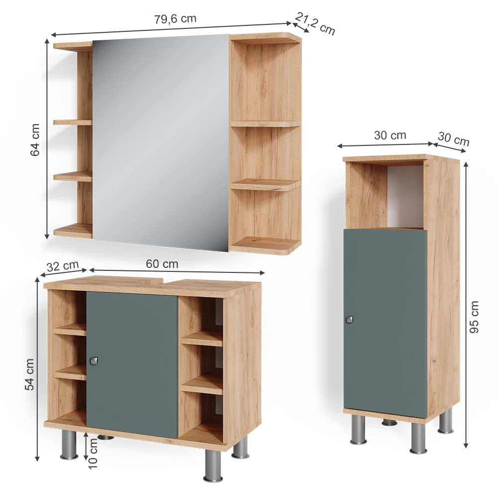 Badmöbel Set "Fynn" Grün/Goldkraft Eiche 3 Teile, Mit Midischrank Vicco 5 Badmöbel Set "Fynn" Grün/Goldkraft Eiche 3 Teile, Mit Midischrank Vicco – Bild 3