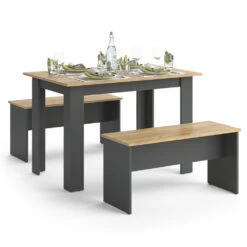 Esstisch Set "Sentio" Anthrazit/Goldkraft Eiche 110 X 70 Cm Mit 2 Bänken Vicco -Möbel Store m4782 07 ol