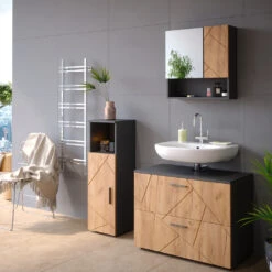 Badmöbel Set "Irma" Anthrazit/Eiche 3 Teile, Mit Midischrank Vicco -Möbel Store m4988 04 ol