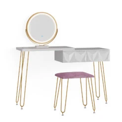 Schminktisch "Bella" Weiß 120 Cm Mit LED Beleuchtung Und Hocker Vicco