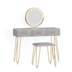 Schminktisch "Layla" Grau/Weiß 100 Cm Mit LED Beleuchtung Und Hocker Vicco