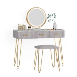 Schminktisch "Layla" Grau/Weiß 100 Cm Mit LED Beleuchtung Und Hocker Vicco -Möbel Store m5033 07 ol