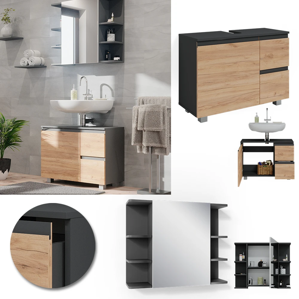 Badmöbel Set "J-Shape" Anthrazit/Eiche 2 Teile Vicco 4 Badmöbel Set "J-Shape" Anthrazit/Eiche 2 Teile Vicco – Bild 2