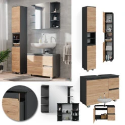 Badmöbel Set "J-Shape" Anthrazit/Eiche 3 Teile, Mit Hochschrank Vicco -Möbel Store m5038 02 ol