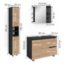 Badmöbel Set "J-Shape" Anthrazit/Eiche 3 Teile, Mit Hochschrank Vicco -Möbel Store m5038 03 ol
